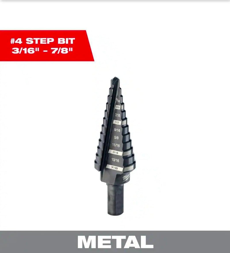 Milwaukee #4 Step Drill Bit, Black Oxide, 3/16 in. to 7/8 in., 12-Steps, Jam-Free, Metal Drilling