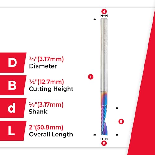 Amana Tool Spektra Coated Solid Carbide CNC Spiral Single O-Flute Router Bit, 51410-K, 1/8 D x 1/2 CH x 1/8 SHK x 2 Inch L Up-Cut with Mirror Finish 1/8" x 1/2"