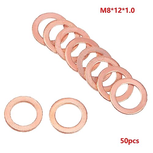 M8 Copper Washers Flat Ring Sump Plug Oil Seal Gasket Sealing Fitting Washers M8 x 12 x 1mm(50 Pieces)