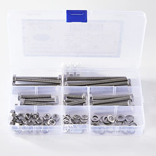 M6 Screws 20-80mm Hex Head Bolts Screws, Nuts, Flat & Lock Washers, Stainless Steel 304, Machine Fully Thread, Bright Finish, Assortment Kit 20Sets M6 Hex Bolts 20Set