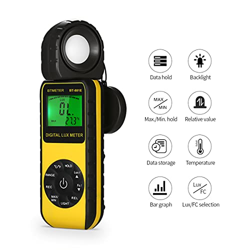 BTMETER Digital Illuminance Light Meter, Handheld Luxmeter 881E Photometer BT-881E (0.01~300,000 Lux/FC)