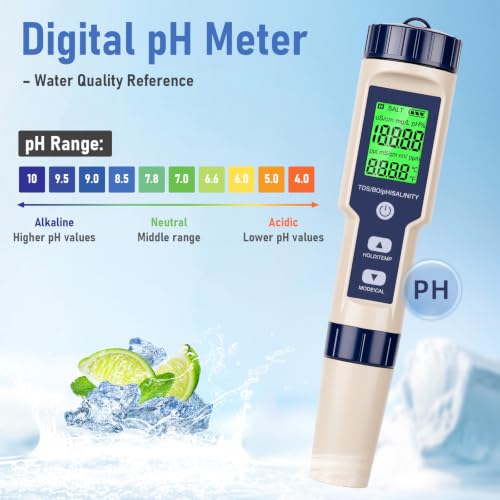5-in-1 Digital pH Meter - TDS/EC/Salinity & Temperature Tester with Large Display, pH Meter for Water Quality, Wine Making, Hydroponics, Pools, and Spas