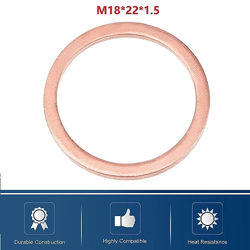 M18 Flat Washer Copper Sealing Ring, 18mm ID 22mm OD 1.5mm Thickness Metric Sealing Gasket, 50 Pieces