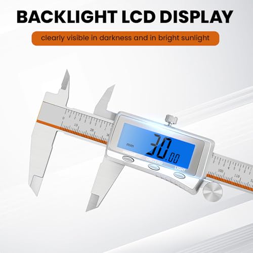 Digital Caliper, Rechargeable Digital Calipers with Backlight LCD & Auto-Off, Stainless Steel Measuring Tool, Inch/MM/Fraction Conversion for 3D Printing DIY Woodworking 6 Inch 6-IN