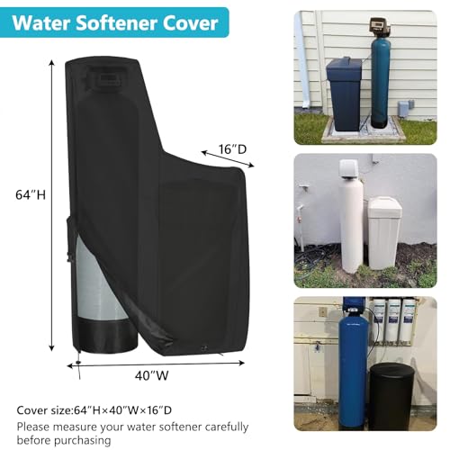 Water Softener Cover Outdoor Waterproof Filte Brine Tank Cover with Split Zipper,Drawstring and Elastic Buckle Heavy Duty Insulated Anti UV and Tear Resistant 16"D x 40"W x 64"H Black 64" H x 40" W x 16" D