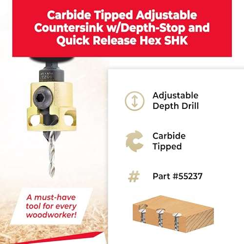 Amana Tool Carbide Tipped Adjustable Countersink with Depth Stop, 55237, 3/8 Dia x 49 Degree Angle x 1/4 Shank, Includes Replacement Drill Bit 630-226