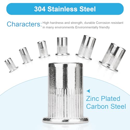 320Pcs Metric & SAE Rivet Nuts Kits, 304 Flat Head Rivnut, Silver 320pcs-Metric&SAE Kits