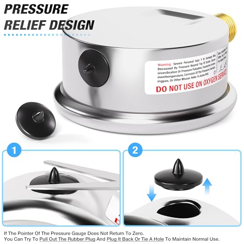MEANLIN MEASURE -30inHG~30Psi Stainless Steel 1/4" NPT 2.5" FACE DIAL Vacuum Pressure Gauge, Lower Mount, with 1/2" NPT and 3/8" NPT Hex Bushing -30inHG-30Psi