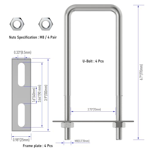 4 Sets 304 Stainless Steel Square U-Bolts, 70x175mm, M8 70×175mm (W*L)