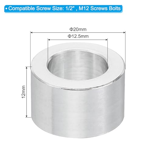 PATIKIL M12 Aluminum Spacers 12.5mm IDx20mm ODx12mm L 1/2inch Screw 10Pcs 12.5mm ID x 20mm OD x 12mm L
