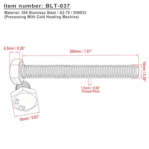 (Pack of 5pcs) Thread Pitch 1.5mm 304 Stainless Steel Metric Hex Head Cap Screws Bolts, Hexagon Head Bolts (M10x200mm (1.5 Pitch)) M10x200mm (1.5 Pitch)