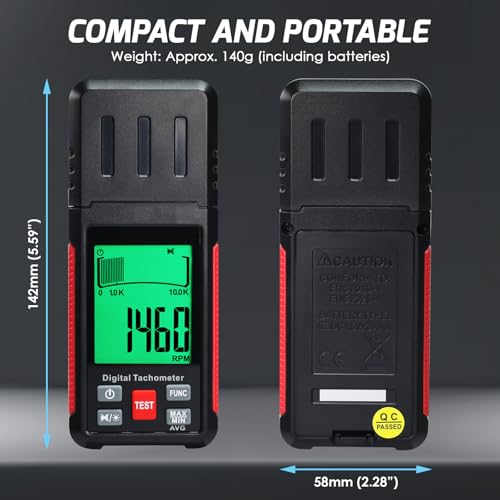 Digital Tachometer RPM Meter with LCD Display, Non-Contact and Contact Rotation Speed Tester, Handheld Motor Speed Gauge for Automotive, HVAC, Industrial Equipment