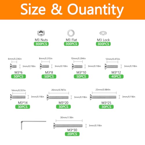 1200 Pcs Countersunk Head Hexagon Socket Screws Bolts and Nuts and Washers Assortment Kit, M3 Metric Stainless Steel Bolts and Machine Screws and Nuts and Washers Set for Home Industrial M3x6/8/10/12/14/20/25/30-1200Pcs