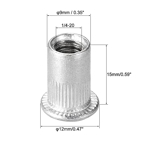 uxcell 1/4-20 Rivet Nuts Aluminium Alloy Knurled Flat Head Threaded Insert Nut Silver 100pcs 100