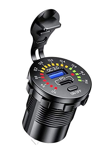 12/24V Socket Dual USB Type C PD 3.0 (36W) + USB A (18W) Fast Charger with Built-in Voltmeter & Power Switch for Car, Boat, Marine & RVs