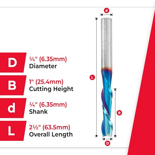Amana Tool Spektra Extreme Tool Life Coated Solid Carbide Spiral Plunge Router Bit, 46315-K, 1/4 Dia x 1 CH x 1/4 Shank 2-1/2 Inch Long Up-Cut