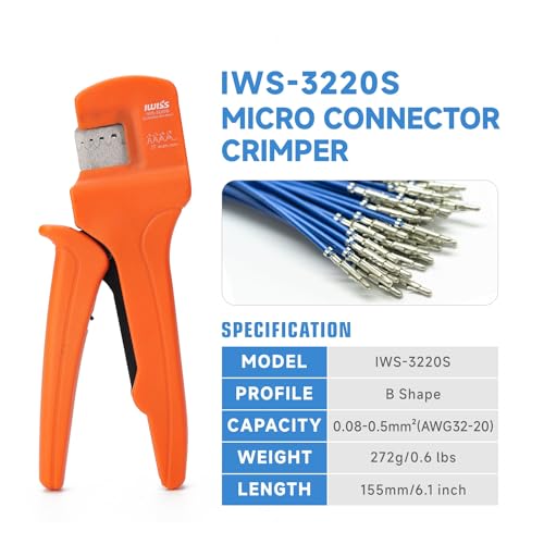iCrimp IWS-3220S Micro Pin Connector Crimping Tool, AWG 32-20, Ratchet Crimper for JST XH, PH, SH, Molex KK, D-sub Terminals