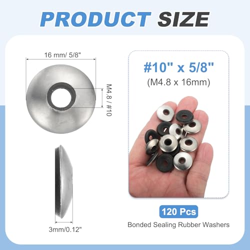 MECCANIXITY 120Pack Stainless Steel EPDM Bonded Sealing Washers, #10 x 5/8" Neoprene Cushioning Washer Gasket for Screws Bolts Machinery (M4.8x16mm) #10 x 5/8"(M4.8x16mm) 120