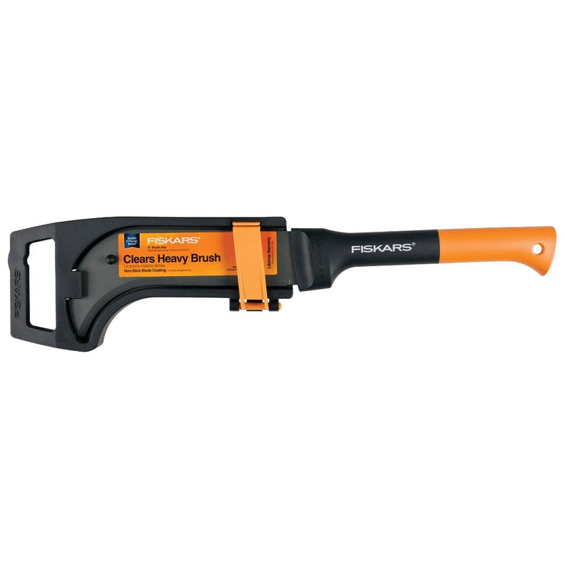 Fiskars Brush Axe with 10" Curved Blade and Safety Sheath, 19" Handle Machete for Cutting Tree Branches, Ideal for Camping, Hunting, and Bushcraft, Yard Work & Garden Tools, Black/Orange