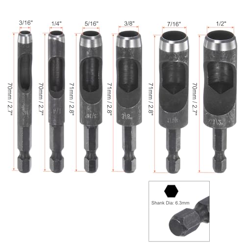 HARFINGTON Leather Hollow Punch Set 1/4 Hex Shank for Drills, 3/16" 1/4" 5/16" 3/8" 7/16" 1/2" Dia Rotary Hole Punches for Leathercraft