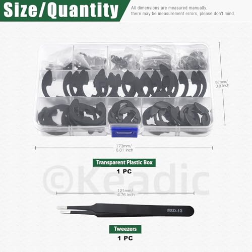 Keadic 211Pcs 14 Sizes E-Clip Assortment Set, M1.5/M2/M3/M4/M5/M6/M7/M8/M9/M10/M12/M15/M19/M22 Alloy Steel Circlip External Retaining Ring Kit Alloy Steel-black
