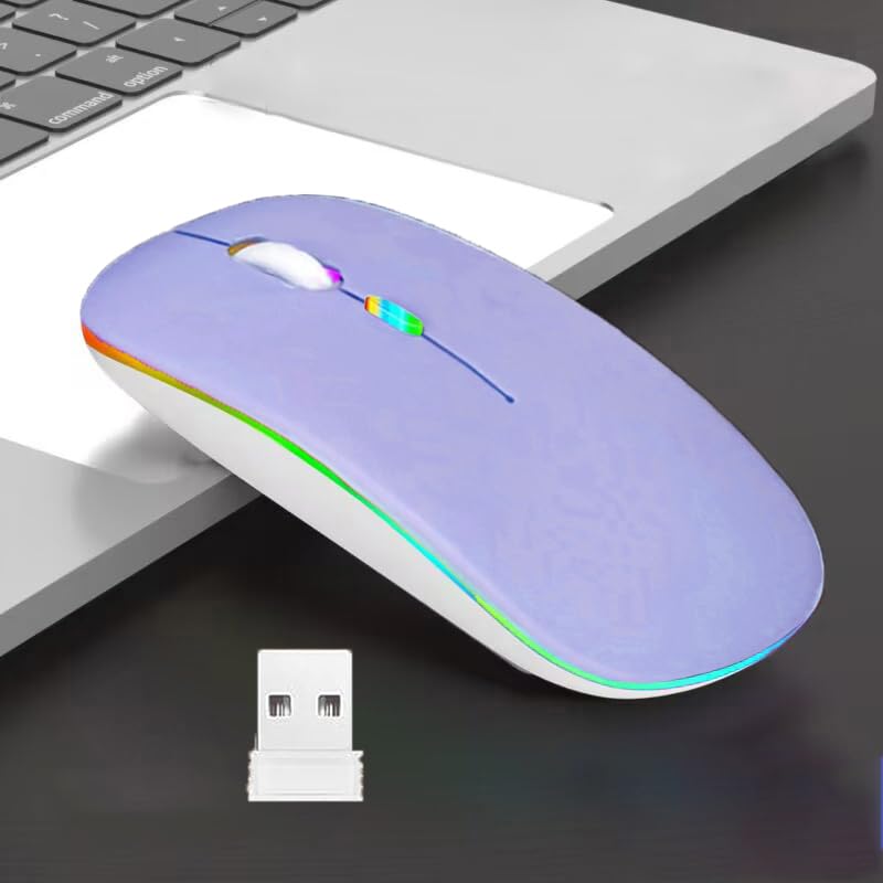 Wireless Bluetooth Mouse,LED Dual Mode Rechargeable Silent Slim Laptop Mouse,Portable(BT5.2+USB Receiver) Dual Mode Computer Mice,for Laptop,Desktop Computer,ipad Tablet,Phone,TV (Purple) Purple