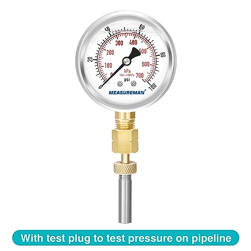 MEASUREMAN 0-100psi/kpa Liquid Filled Pressure Gauge with Brass Gauge Adaptor 1/4NPT Female，2-1/2 OAL x 1-2/5" x 1/8" Probe with Stainless Steel Sheath，Pressure Test Kit