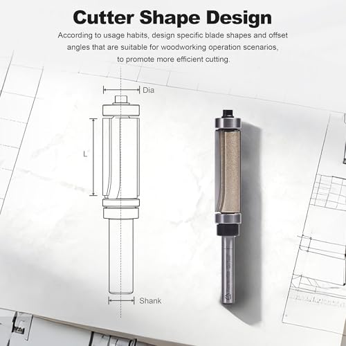 4 Pcs Top and Bottom Bearing Flush Trim Router Bits 1/4" Shank, Cut Length:3/4" , 1", 1-1/4", 1-1/2" , Useful for Laminate Work or Template and Pattern Work 1/2" Diameter 1/2" Dia. - 4 Pcs Set - 1/4" Shank