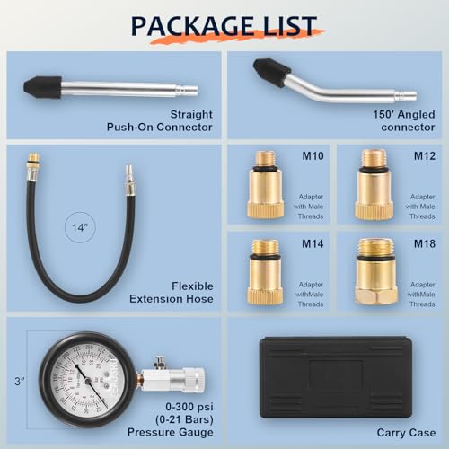 Engine Compression Tester Kit 8PCS, 0-300 PSI Cylinder Pressure Test Tool for Gasoline Engines on Cars, Motorcycles, ATVs & Small Engines with Dual Scale Gauge and Adapters (Black-8PC) Black-8PC