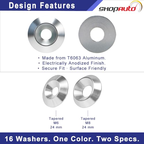 Aluminum Tapered Washer, 24mm OD, M6 & M8 16-Set Kit (Silver) 16-Piece Silver