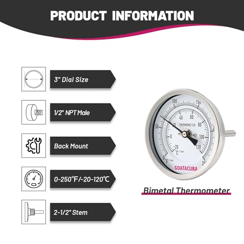 Bimetal Thermometer, Full Stainless Steel, 3" Dial Size, 2-1/2" Stem, 1/2" NPT Back Mount, 0-250 Deg F/-20-120 Deg C, 1% Accuracy L=2.5"
