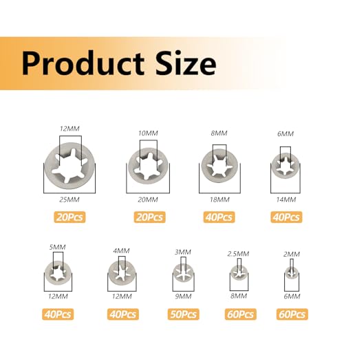 370Pcs Stainless Steel Internal Tooth Star Lock Washers Set, M2 M2.5 M3 M4 M5 M6 M8 M10 M12 Quick Speed Locking Washers Assortment Kit, 9 Size Push on Locking Washer (Silver) Silver