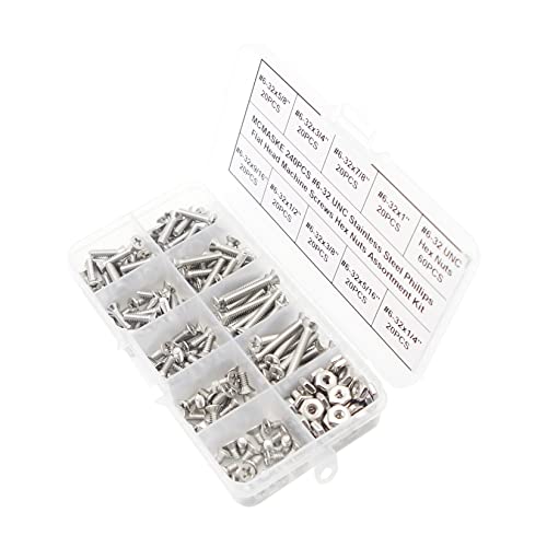 240PCS #6-32 UNC 304 SS Phillips Flat Head Machine Screws Nuts Kit #6-32UNC