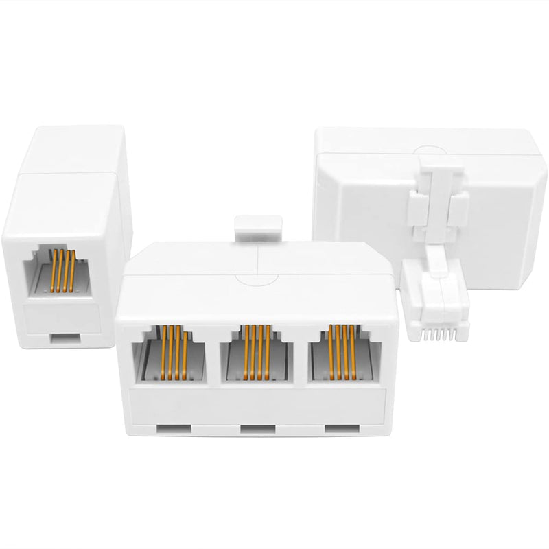 NECABLES 2+1Pack 2pcs 3 Way Phone Jack Splitter RJ11 6P4C 1 Male to 3 Females and 1pc Phone Line Coupler for Landline and Fax White