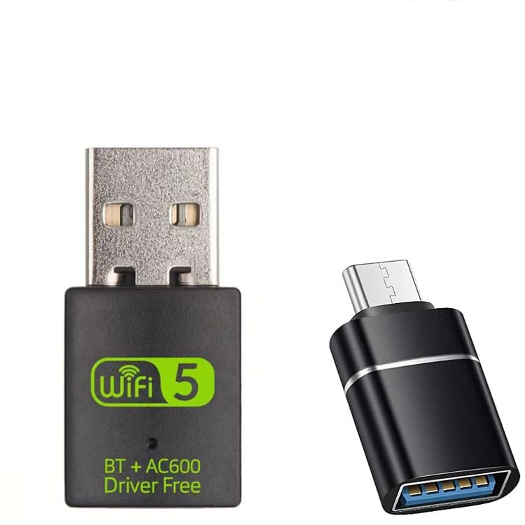 USB WiFi Adapter，600Mbps USB WIFI Bluetooth adapter(includes a USB to USB C adapter)，Dual Band 5G/2.4G Wireless Network Adapter for Desktop Laptop PC，Supports Windows 7/8/8.1/10/XP。