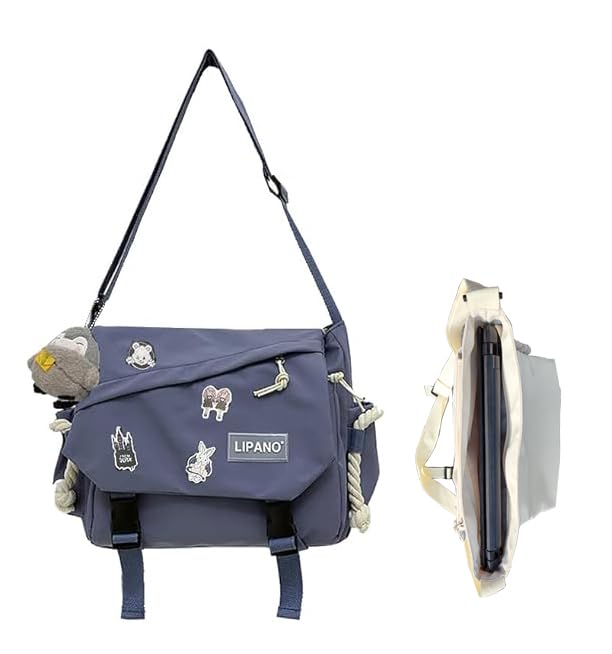 Aesthetic Crossbody Bag with Cute Pins and Ornament, Nylon Shoulder Messenger Bag Japanese Kawaii Bag for Women Men L-blue-fit Laptop