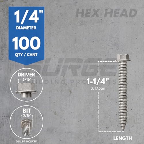 1/4" x 1-1/4" Hex 410 Stainless Steel Concrete Screws with Bit (Box of 100) 1/4" x 1-1/4"