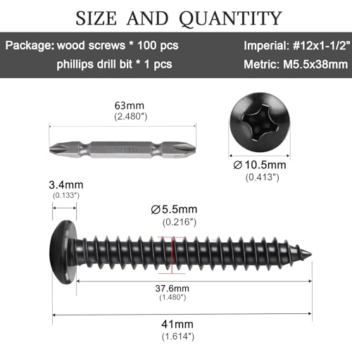 #12x1-1/2 Phillips Pan Head Black Wood Screws 100pcs HS/ZGLS-02 #12 x 1-1/2"