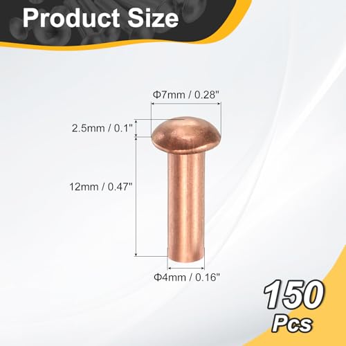 uxcell 150 Pcs Copper Solid Rivets, 0.16"x0.47" Half Round Head Rivet Metal Fasteners for Electrical Applications, Leather DIY Craft Supplies (M4x12) 0.16"x0.47"