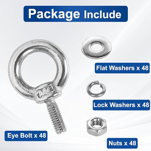 48 Pack M4 Stainless Steel Eye Bolts with Nuts & Washers, M4x0.39 L M4 x 10mm 48
