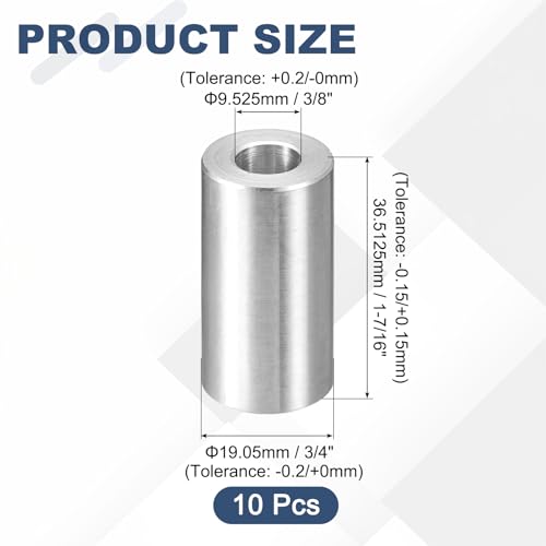 uxcell 10Pcs Aluminum Spacer 3/4" OD x 3/8" ID x 1-7/16" Length Screw Standoff Bushing Plain Finish Unthreaded Round Metal Spacer for Screws Bolts and Rods, Silver 1-7/16"