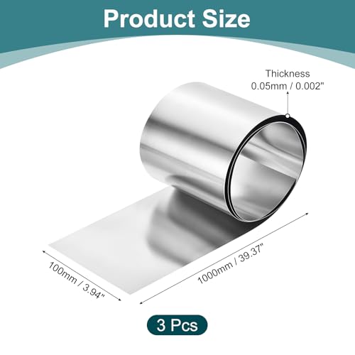 uxcell 3 Pcs Pure Nickel Sheet, 99.6% Pure Nickel Plate Nickel Strip 0.002"x3.94"x39.4"(0.05x100x1000mm) Nickel Anode for Electroplating Scientific Lab Industry DIY Craft 0.05x100x1000mm