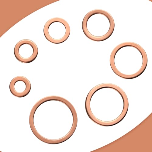 100Pcs 7 Kinds Copper Sealing Washers Copper Flat Gasket Oil Sealing Washer Box M4 M5 M6 M8 M10 M12 M14 for Automotive Plumbing Electrical Mechanical Use