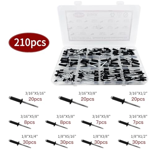 210Pcs Black 3/16 Inches,1/8 Inches Pop Rivets Assortment Kit, 8 Sizes Aluminum Rivets,Aluminum blind rivets for metal Dome Head rivet kit