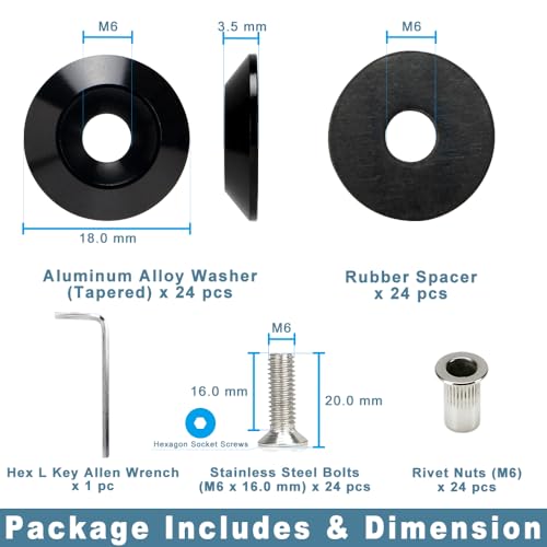 M6 Black Anodized Aluminum Washer Fender Flare Hardware Kit 24