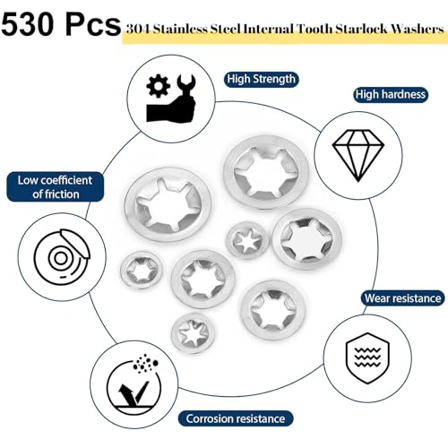 Internal Tooth Starlock Washers Push Nuts Assortment (M3-M12) 530Pcs Internal Tooth Star Lock Washer 530