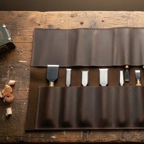 Genuine Leather Tool Roll Up Case – Leather Tool Organizer with 12 Slots, Case for Wrenches, Screwdrivers & Hand Tools, Portable Mechanic Tool Bag 20.2" x 12.2" (Tools Not Included), Brown