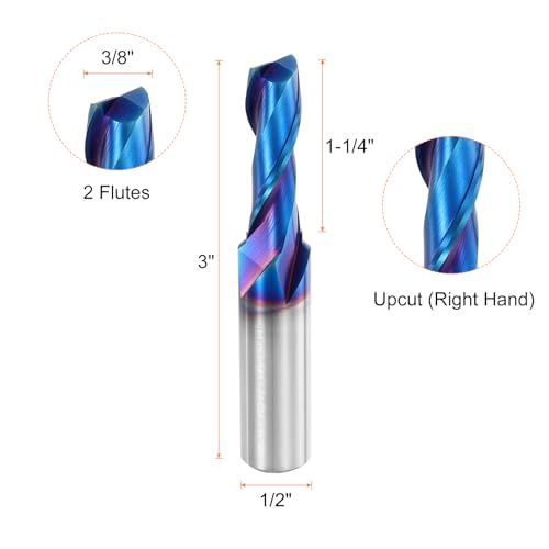 HARFINGTON Spiral Router Bit, 3/8" Cut Dia. Up Cut 2-Flute Solid Carbide End Mill with 1/2" Shank for CNC Wood Carving Engraving, 1-1/4" Cut Length, Blue Nano Coated 3/8" x 1-1/4" x 1/2" x 3"
