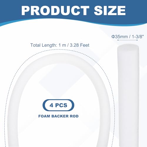 PATIKIL Backer Rod 1-3/8 in x 3.3 Ft, 4 Pcs Foam Rod Caulk Saver Expansion Joint Filler Rope Weather Strip Foam Noodle for Gaps Concrete Crack Filling DIY Craft (35mm Dia), White 1-3/8" x 3.3 ft