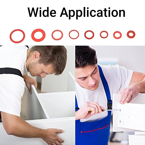 150Pcs Fiber Washer Insulation Flat Washer Assortment, 14 Sizes Red Flat Ring Washers Assortment Kit Steel Paper Sealing Washers Set